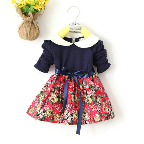 1-5Y Kids Baby Girls Princess Long Sleeve Pleat Floral Bow Mini Dress Party Tutu Dresses UBY