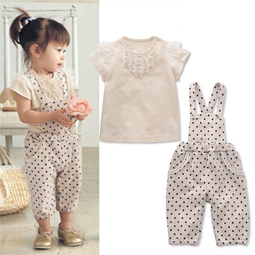 1-6Y Baby Girls Clothing Sets Lace TopsPolka Dot Strap Pants Jumpsuits Rompers Outfit Clothes SetUBY