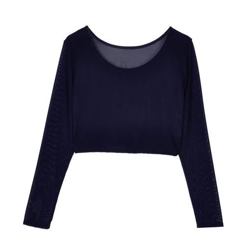 11 Colors Women Sexy Slim Semi-transparent Mesh Crop Tops Girl Long Sleeve Short T-Shirts Tees Single Layer Mesh UBY