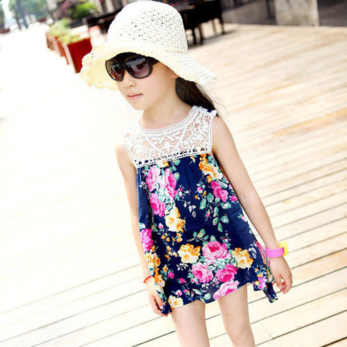 2-7 Years Kids Child Baby Girl Sleeveless Lace Dress Colorful Floral Dress UBY