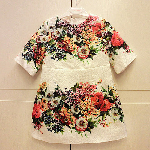 2-7Y European One-piece Kids Girls Summer Dress Vintage Floral Print 3 4 Sleeve Baby Mini DressesUBY