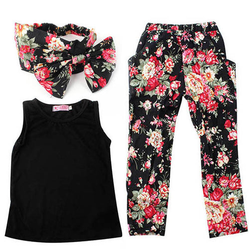 2-7Y Girls Baby Clothing Sets 3PCS Sleeveless Shirt TopsFloral PantsHeadband Vogue ClothesUBY