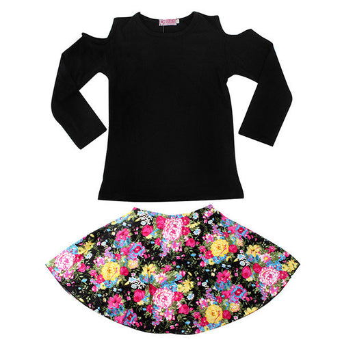 2-7Y Girls Clothing Sets 2PCS Black Long Sleeve Shoulder Off TopFloral Skirt Baby Clothes DressUBY