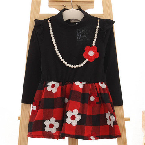 2-7Y Kids Baby Girls Flower Plaids Dress Ruffle Long Sleeve Princess One-Piece Party Tutu DressesUBY