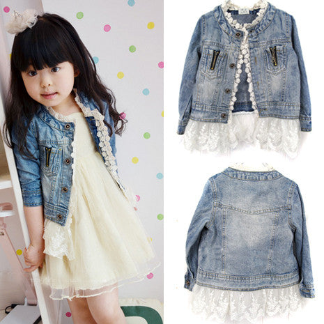 2-7Years Jean Jacket Girls Kids Denim Lace Coat Long Sleeve Botton Children Outwear ClothesUBY