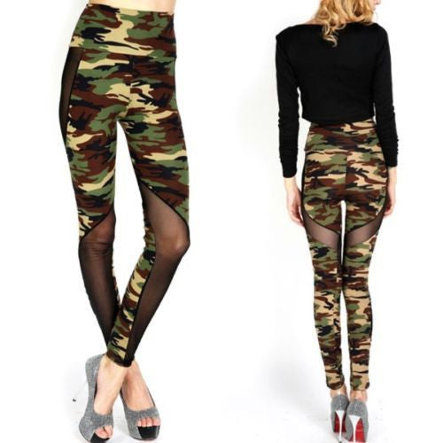 Women Sexy Mesh Camouflage Leggings High Waist Patchwork Stretchy Slim Army Camo Leggings Female Leggings UBY