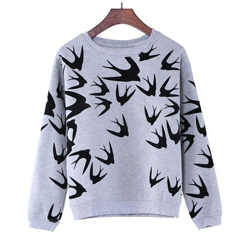 Casual Women Swallow Printing O Neck Long Sleeve Loose Sweatshirt Pullovers Tops Clothes UBY