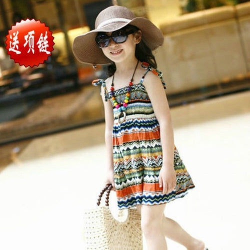Baby Girls Dress with Necklace Children Graceful Printed Beach Dress Bohemian Style Girl Dresses UBY