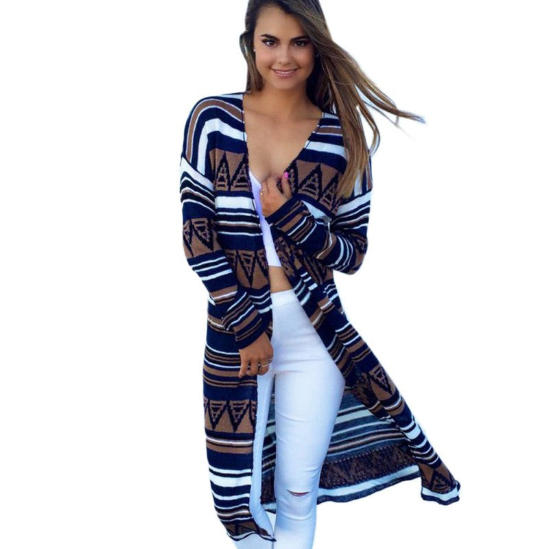 Spring Autunm Casual Blusas Women Vintage Striped Geometry Cover Up Tops Cotton Blouse Shirts Long Sweaters Cardigan UBY
