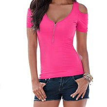Women Ladies Sexy Slim Zip V Neck Off Shoulder T Shirts chemise femme blusen Summer Casual Cotton Tee Shirt Tops blusas Z2 UBY