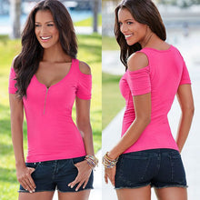 Women Ladies Sexy Slim Zip V Neck Off Shoulder T Shirts chemise femme blusen Summer Casual Cotton Tee Shirt Tops blusas Z2 UBY