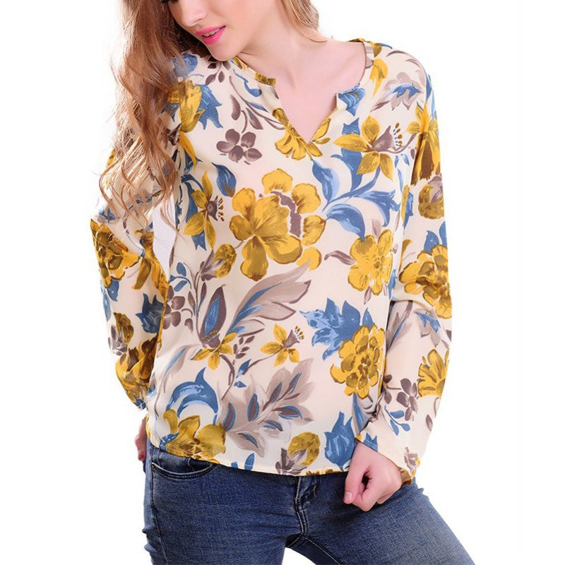 new Arrive Women Blouse Flowers Loose Type Chiffon Blouses Shirt Long Sleeve V-neck Lady Shirts UBY