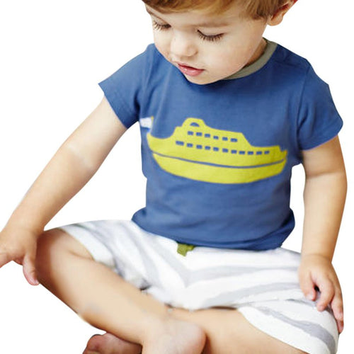 2PCS Summer Toddler Baby Boy Blue Boat Pattern Short Sleeve T Shirt Stripe Short Pants Set UBY