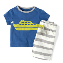 2PCS Summer Toddler Baby Boy Blue Boat Pattern Short Sleeve T Shirt Stripe Short Pants Set UBY