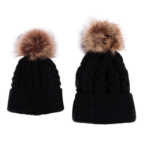 2pcss Baby  Mother Knitted Cotton Hat Family Boy Girl Toddler Adult Cute Crochet Beanies Fur Ball Kids Hats for Caps UBY
