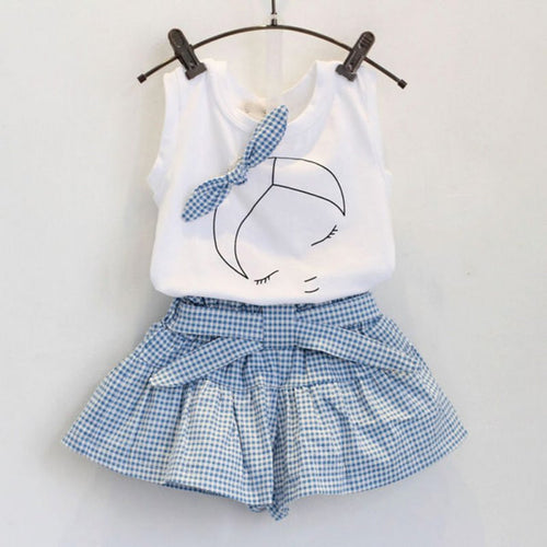 2pcs Baby Girls Summer Clothes Set Cute White T Shirt and Plaid Blue Pants for 2-6 Y UBY