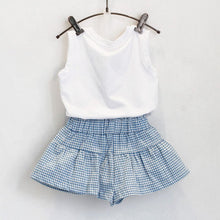 2pcs Baby Girls Summer Clothes Set Cute White T Shirt and Plaid Blue Pants for 2-6 Y UBY