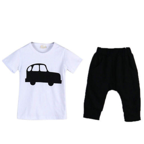 2pcs Kids Baby Boy Infant Car Print T-shirt TopShort Pants Outfit Set Clothes 2-7T UBY