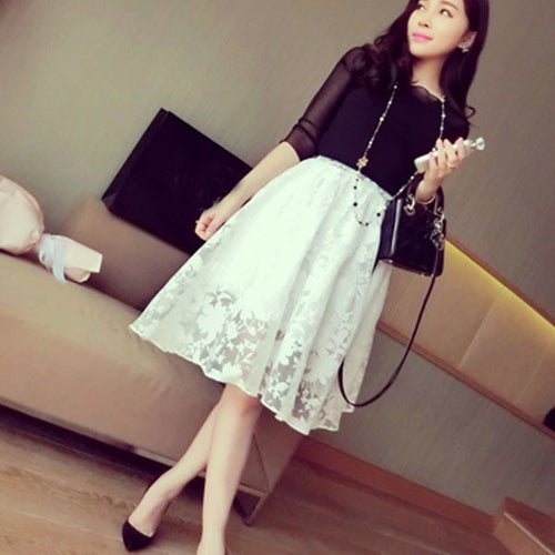 Elegant Ladies Lace Flower Print Skirt Women Double Layer Skirts Elastic Waist Skirt UBY