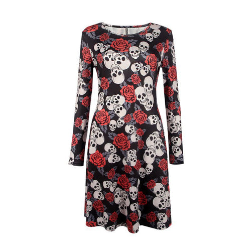Elegant Women Bat And Moon Polyester Print Dress With Full Sleeve And O-neck For Halloween UBY