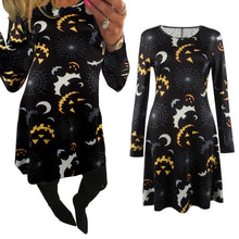 Elegant Women Bat And Moon Polyester Print Dress With Full Sleeve And O-neck For Halloween UBY