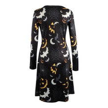 Elegant Women Bat And Moon Polyester Print Dress With Full Sleeve And O-neck For Halloween UBY