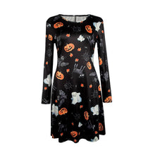 Elegant Women Bat And Moon Polyester Print Dress With Full Sleeve And O-neck For Halloween UBY