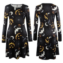 Elegant Women Bat And Moon Polyester Print Dress With Full Sleeve And O-neck For Halloween UBY
