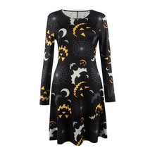 Elegant Women Bat And Moon Polyester Print Dress With Full Sleeve And O-neck For Halloween UBY