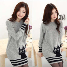 Elegant Women Long Sleeve Sweater Cute Cat Pattern O Neck Knitted Pullover Tops Knitwear UBY