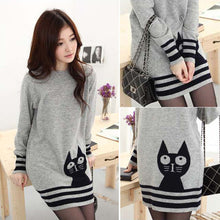 Elegant Women Long Sleeve Sweater Cute Cat Pattern O Neck Knitted Pullover Tops Knitwear UBY
