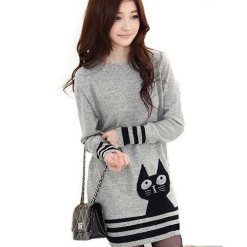 Elegant Women Long Sleeve Sweater Cute Cat Pattern O Neck Knitted Pullover Tops Knitwear UBY