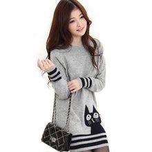 Elegant Women Long Sleeve Sweater Cute Cat Pattern O Neck Knitted Pullover Tops Knitwear UBY
