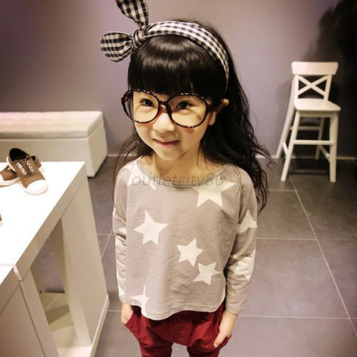 Autumn Kids Girls Stars Pattern Crewneck Long Sleeve T-Shirts Cotton Blouse 2-7Y UBY