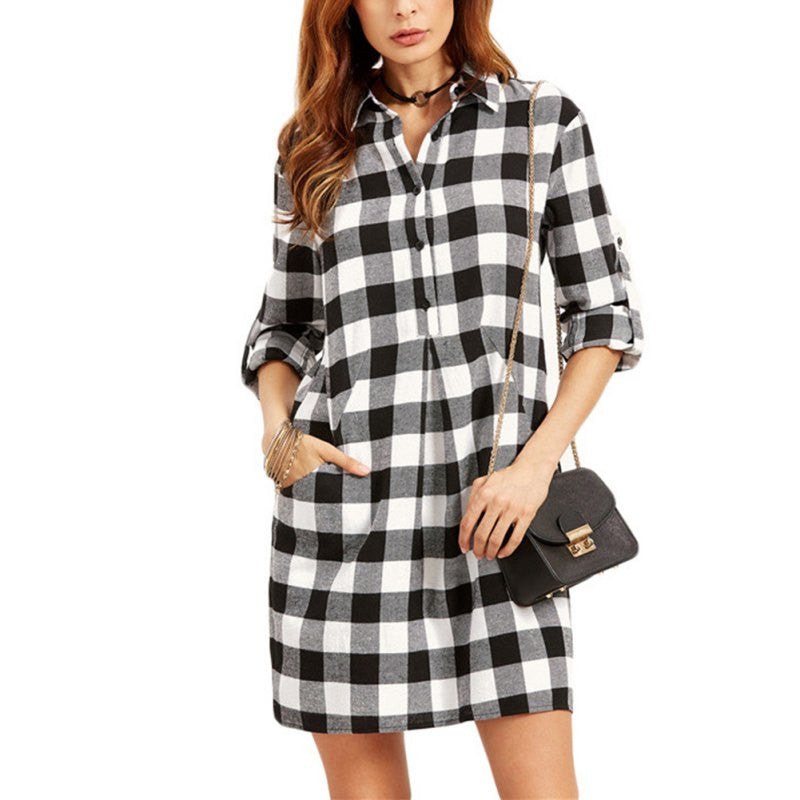 knee length dresses for ladies Plaid Shirt Dress Leisure Vintage Long Plaid Check Print Casual Shirt – ubesto