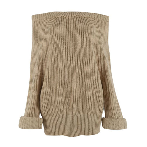 Autumn and Winter Europe Women Fashion Solid Sweater Slash Neck Long Sleeve Sweaters Pullover Knitted Tops UBY