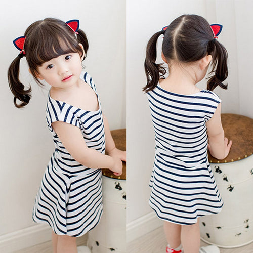 Baby Girls Summer Casual Mini Dresses Girls O-neck Sleeveless Dress Striped Style Ball Gown Dress Kids Soft Cotton Mini Dress UBY