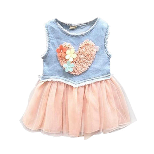 Baby Jeans Lace Flower Love Tutu Dress Kid Girls Ruffle Demin Tulle Dress 0-3Y UBY