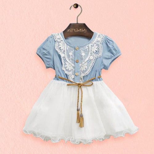 Baby Kids Girl Short Sleeve Denim Lace Dresses Tops White Guaze Children Tutu Dress Sundress 1-6Y  UBY