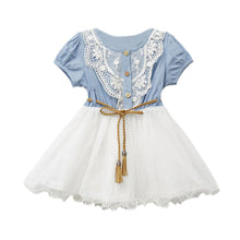 Baby Kids Girl Short Sleeve Denim Lace Dresses Tops White Guaze Children Tutu Dress Sundress 1-6Y  UBY