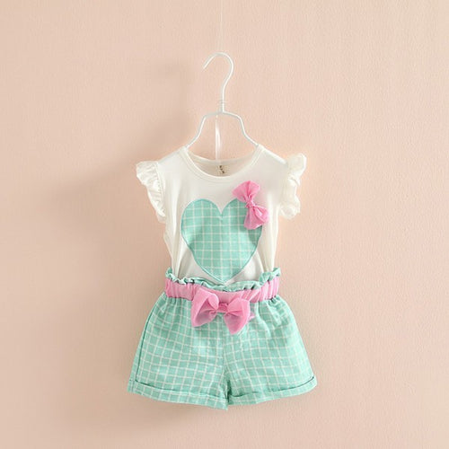 Baby Kids Girls Sleeveless Heart Bow Tops T ShirtPlaid Short Pants Outfits 2-6Y UBY