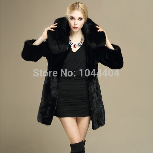 Brand Luxury Women Rabbit Fur Coat Fox Fur Collar Hooded Long Jacket Parka UBY