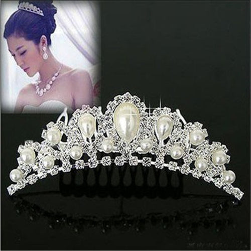 Chic Women Elegant Pearl Rhinestone inlay Crown Tiara Hair Comb Jewelry LKT0004 UBY