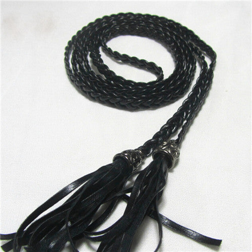 Chic Women PU Leather Tassel Fashion Ladies Braided Belt Self-Tie Thin Waist Rope Belt Woven Waistband UBY