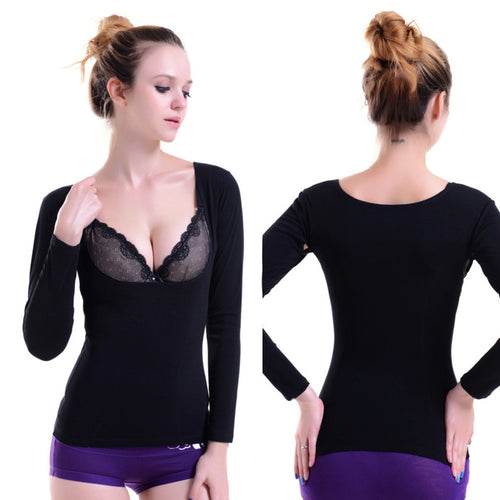 Comfort Women Low-cut Body Shaper Seamless Slim Long Sleeve Shapewear Bodysuit Warm Thermal Shirt UBY