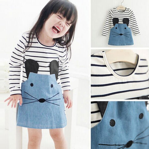 Cute Baby Kids Dress Toddler Girls Long Sleeve Striped Patchwork Denim Dress 2-6Y UBY