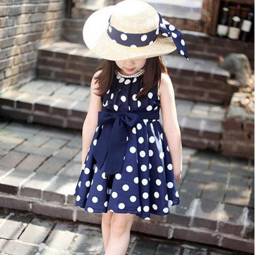 Cute Fashion New Kids Girls Chiffion Dress Polka Dot Pleated Sundress Bowknot Belt Sleeveless Dress Summer dresses UBY