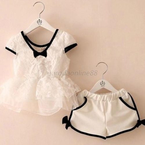 Cute Pincess Kids Baby Girls White Lace TopsBowknot Shorts Pants 2PC Set Hot UBY