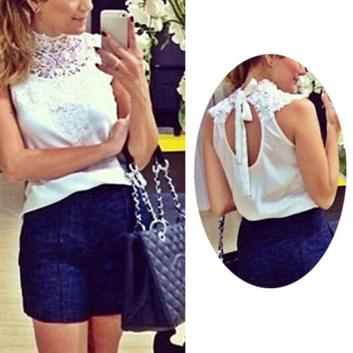 Dreamgirl Fashion women White lace blouse sleeveless backless blusas femininas camisas branca feminino feminine shirts festa LZH UBY