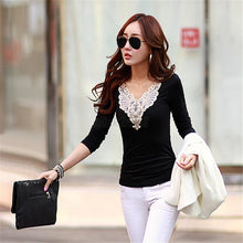 Elegant Women V-neck Long Sleeve T-Shirt Lace Collar Tee Slim Tops Shirt Size M L XL E12 UBY